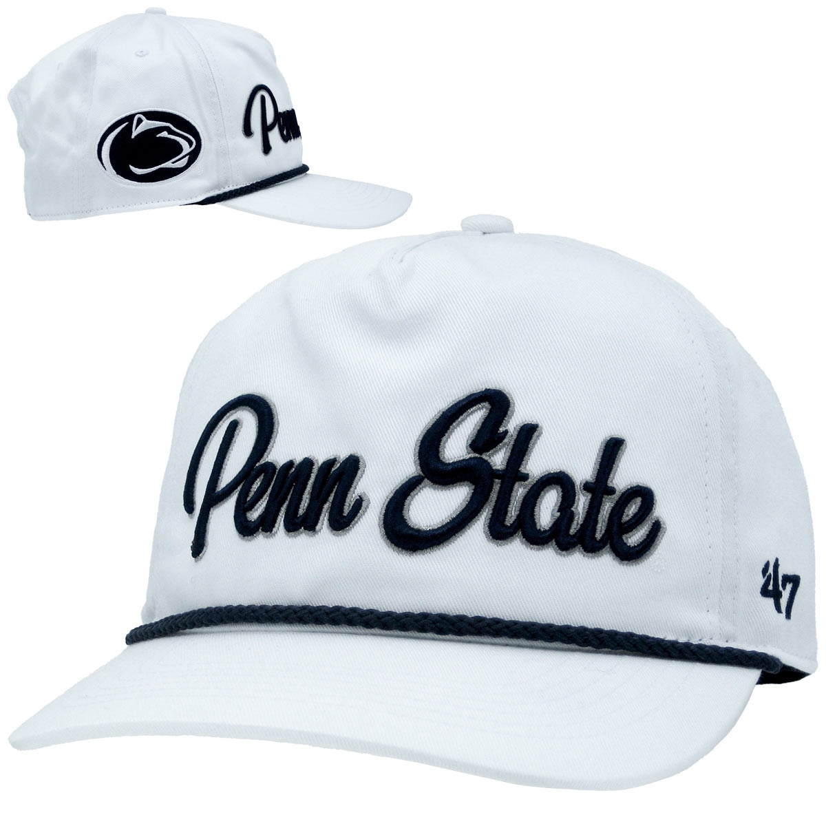 white baseball hat with script Penn State on front, Athletic Logo on right side